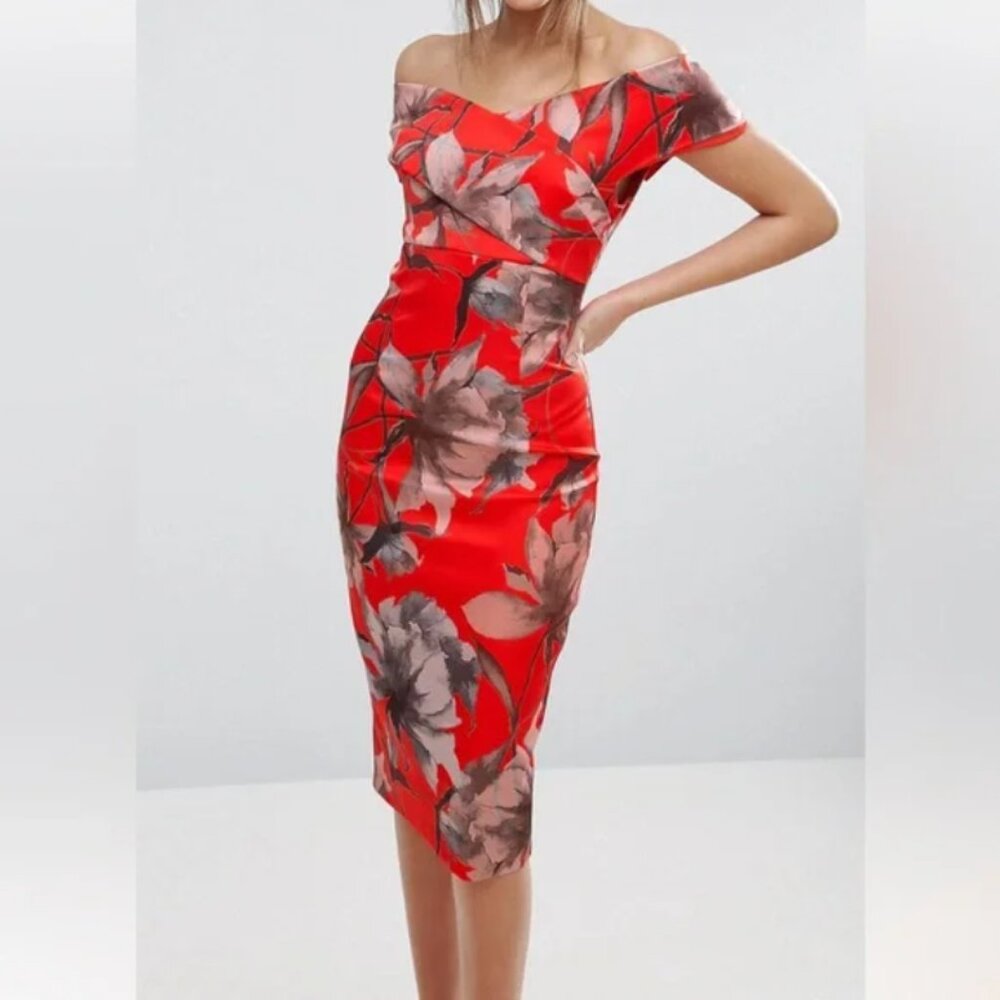 ASOS Bright Red Floral Bardot Pencil Midi Dress US 0